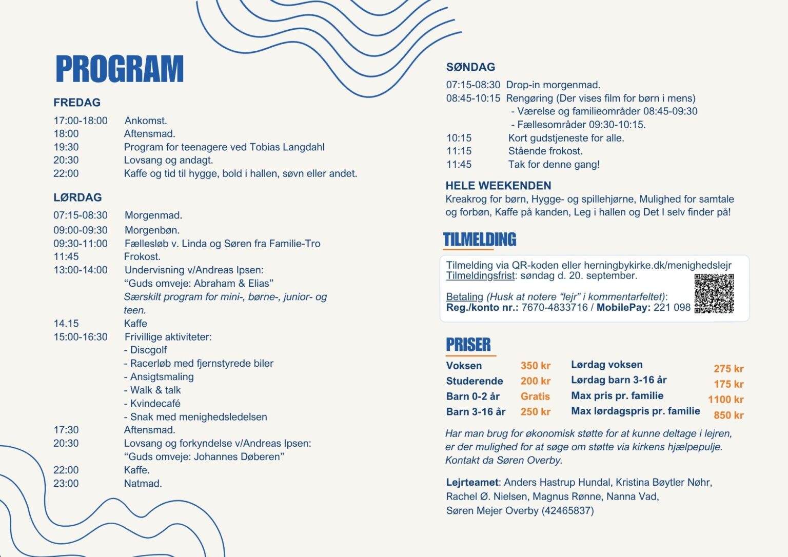 Programmet for menighedslejren 9.-11. oktober 2026 med tider og indhold for fredag, lørdag og søndag